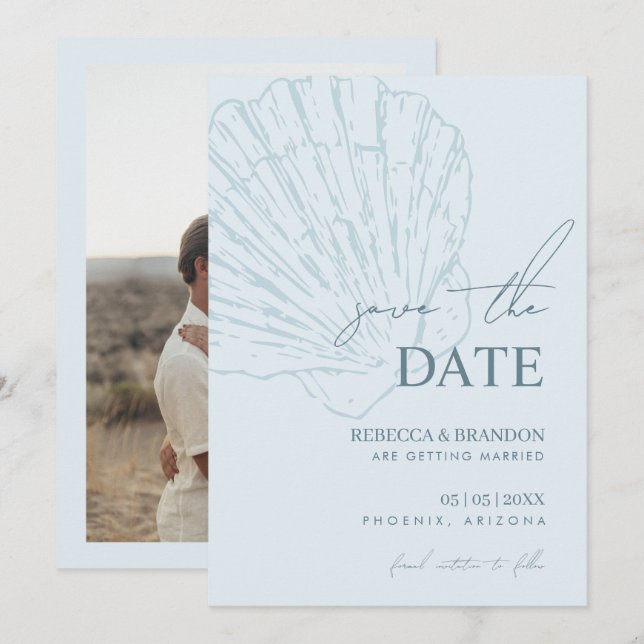 Save The Date Mariage Coque Bleue Côtière Dessinée à la Main (Devant / Derrière)