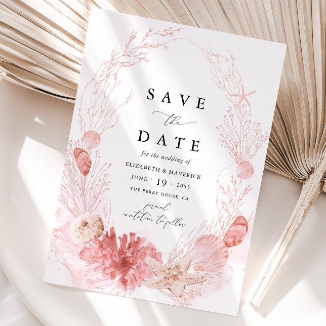 Save The Date Mariage Coquillages de Mer Côtière de Blush Beach (Blush Coastal Seashell Save the Date Card Pink Beach Destination Wedding Stationery)