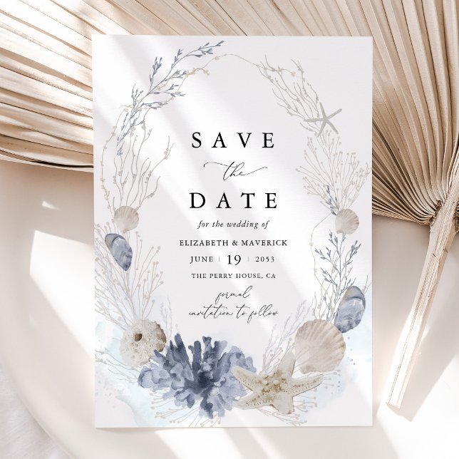 Save The Date Mariage Coquillages de Plage Bleue (Coastal Blue Seashell Save the Date Card Beach Destination Wedding Stationery)