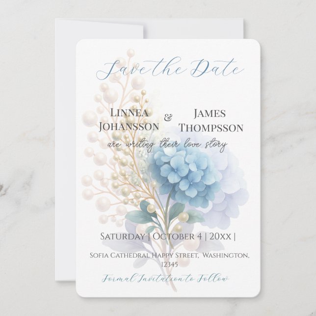 Save The Date Mariage couleur bleu d'aquarelle romantique Pearl  (Devant)