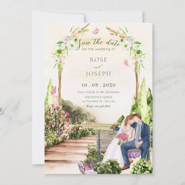 Save The Date Mariage couple jardin esthétique aquarelle  (Devant)