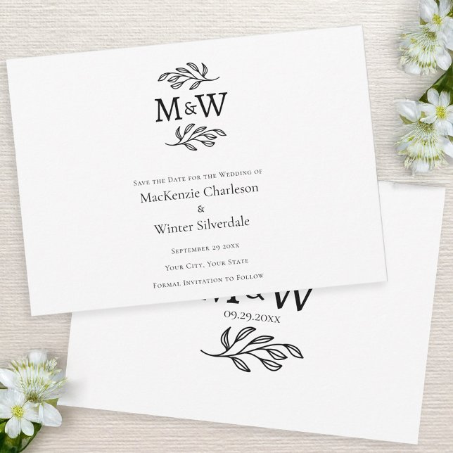 Save The Date Mariage Couple Simple Monogramme Initiales Minimal (Modern elegant save the date wedding invitations with couple monogram initials & botanical line art)