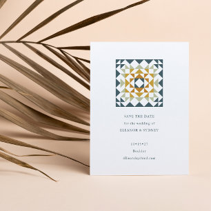 Save The Date Mariage Courtepointe Géométrique Automne Vert Sarc