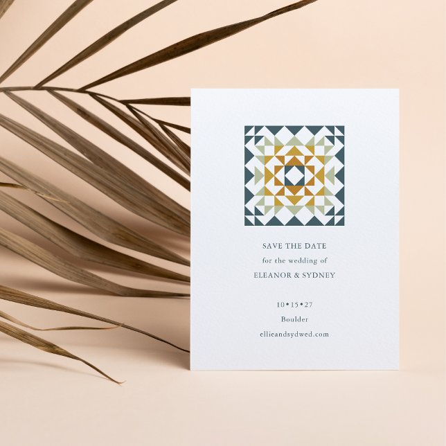 Save The Date Mariage Courtepointe Géométrique Automne Vert Sarc (Créateur téléchargé)