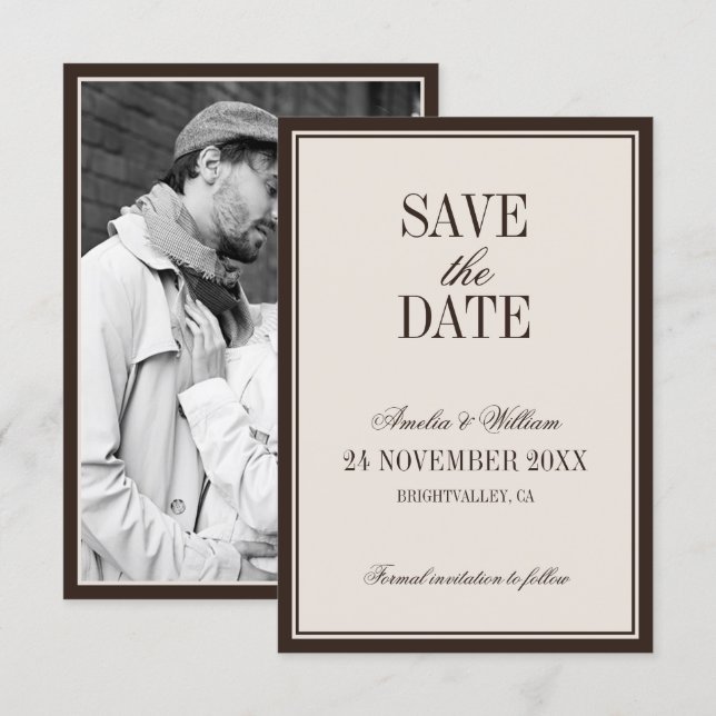 Save The Date Mariage Crème Marron Élégant Intemporel de Classe  (Devant / Derrière)