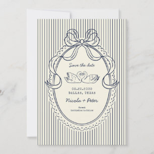 Save The Date Mariage Cygne Dessiné à la Main Rayures Bleues Vin