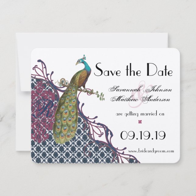 Save The Date Mariage Damask Paon Élégant Navy & Very Berry (Devant)
