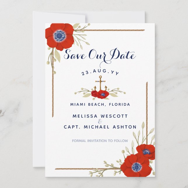 Save The Date Mariage d'Ancre bleu et rouge de la marine (Devant)