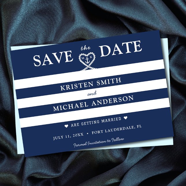 Save The Date Mariage d'Ancre du coeur en corde bleue marine (Nautical Blue Striped Rope Heart Anchor Wedding Save The Date)