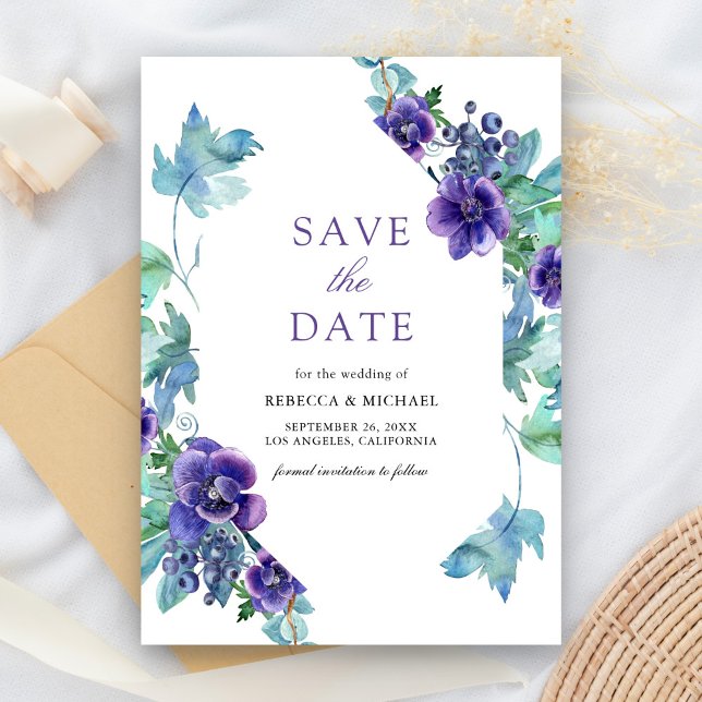Save The Date Mariage d'anémones d'aquarelle violet (Créateur téléchargé)
