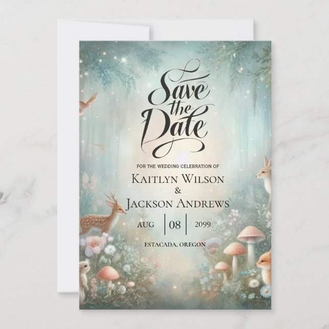 Save The Date Mariage dans une forêt enchantée de sarcelle et de (Devant)