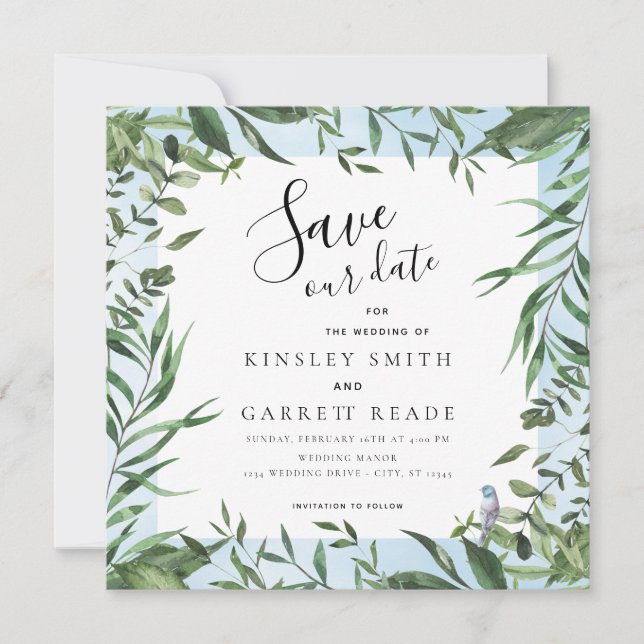 Save The Date Mariage d'aquarelle bleu doux pour cadre Eucalyptu (Devant)