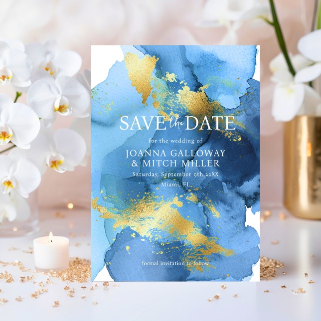 Save The Date Mariage d'aquarelle bleu marine Abstrait (Modern Abstract Navy Blue Gold Watercolor Wedding Save The Date)