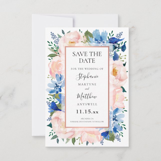 Save The Date Mariage d'aquarelle bleu rose rose rose (Devant)