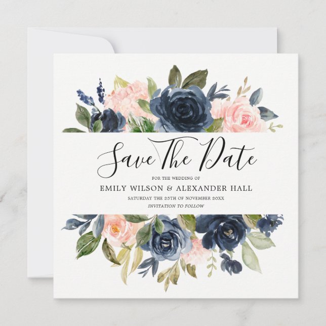 Save The Date Mariage d'aquarelle Blush & Navy (Devant)
