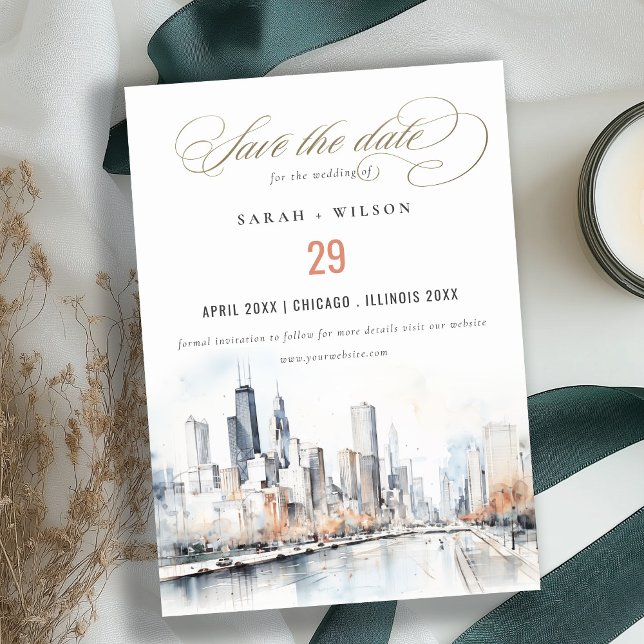 Save The Date Mariage d'aquarelle de Chicago, Illinois City Scap (Créateur téléchargé)