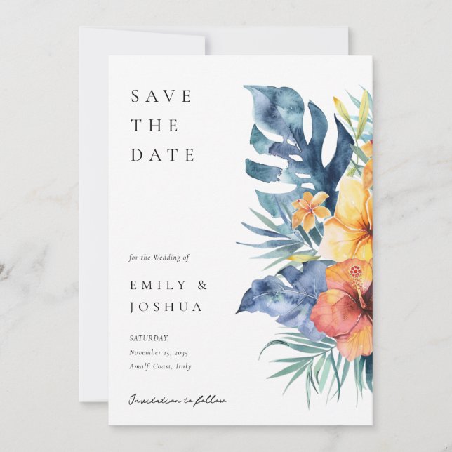 Save The Date Mariage d'aquarelle d'été florale tropicale (Devant)