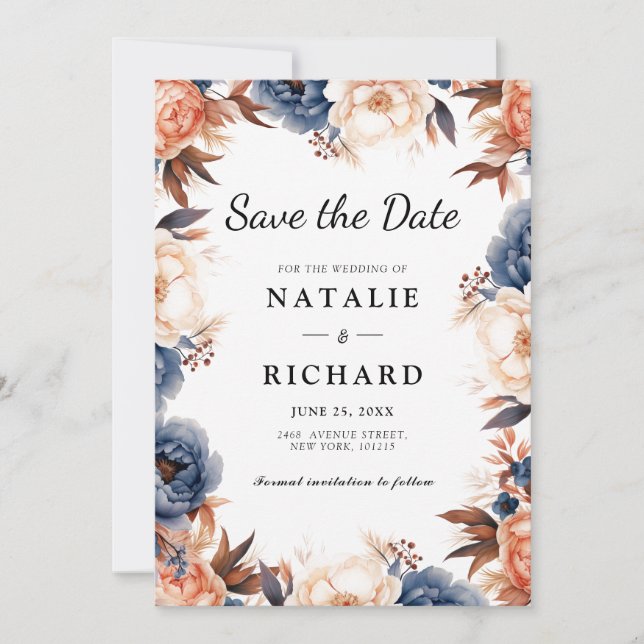 Save The Date Mariage d'aquarelle fleurie bleu et terre cuite (Devant)