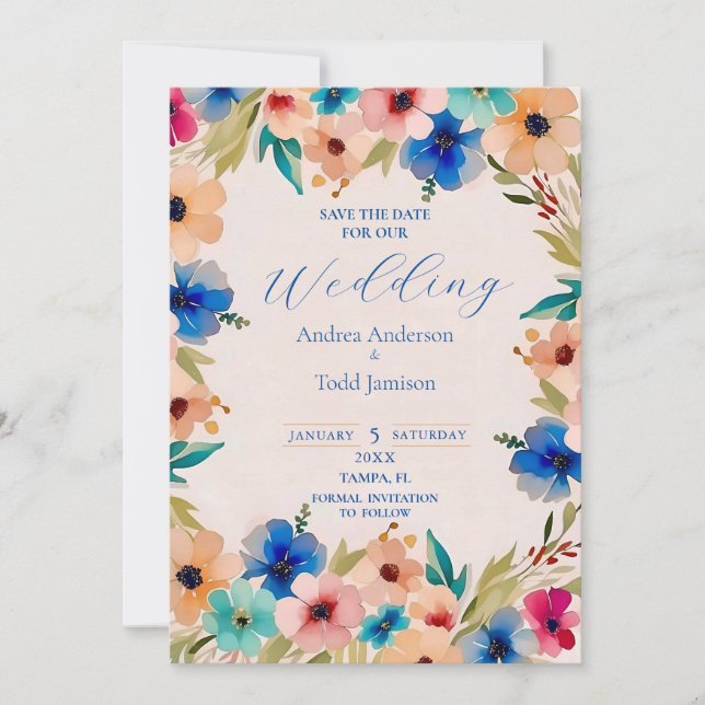 Save The Date mariage d'aquarelle fleurie moderne et Abstraite (Devant)