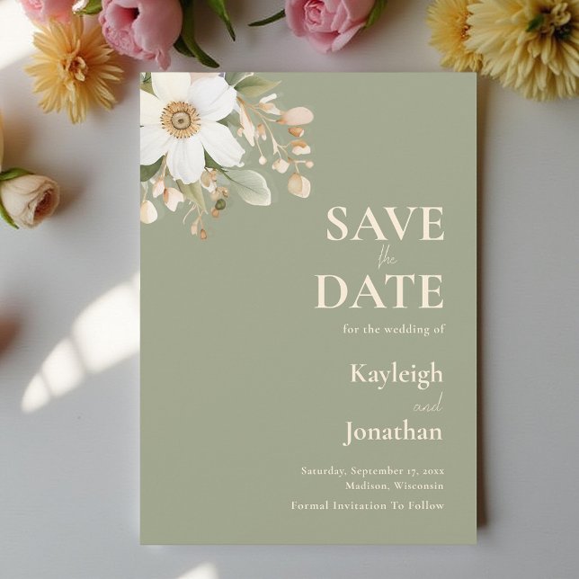 Save The Date Mariage d'aquarelle fleurie moderne Sage Green (Créateur téléchargé)