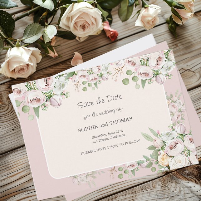 Save The Date Mariage d'aquarelle fleurie rose duveteuse (Créateur téléchargé)