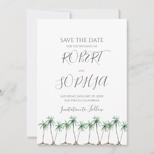 Save The Date Mariage d'aquarelle moderne Palm Tree (Devant)