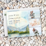 Save The Date Mariage d'aquarelle Mountain Lake 3 Photo<br><div class="desc">Mariage Watercolor Mountain Lake sauvez la date avec trois de vos propres photos et paysage pittoresque idyllique. Cette aquarelle pittoresque est parfaite pour un pays ou une destination au bord du lac de nuances bleu et vert poussiéreux. Le cadre paisible est composé de montagnes, de verdure et de pins, du...</div>