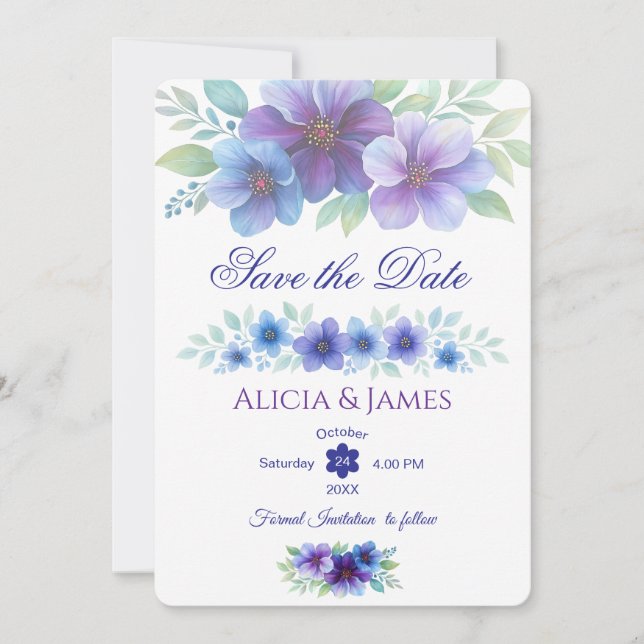 Save The Date Mariage d'aquarelle romantique bleu violet (Devant)