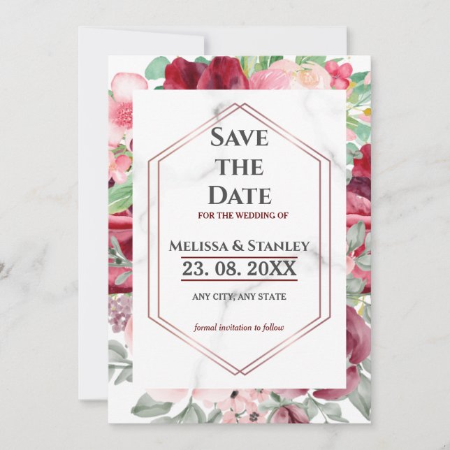 Save The Date Mariage d'aquarelle rose bordeaux moderne (Devant)