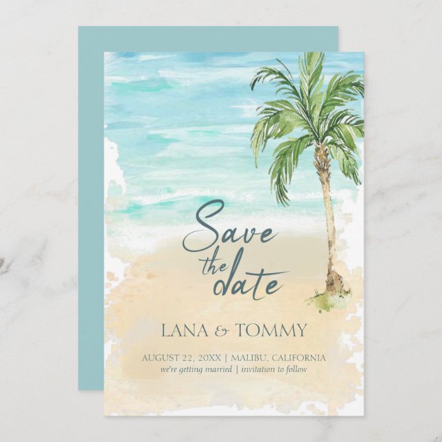 Save The Date Mariage d'aquarelle Tropical Palm Beach (Devant / Derrière)