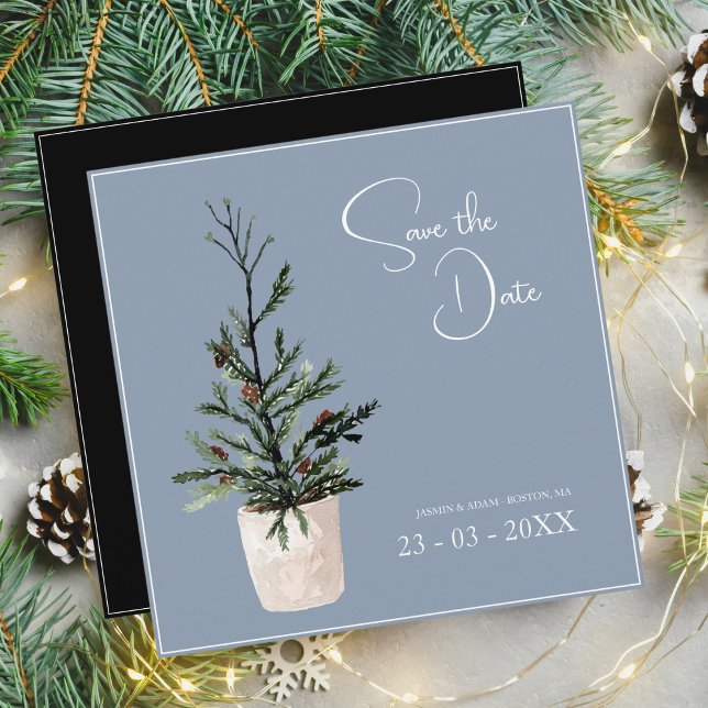 Save The Date Mariage d'arbre de Noël bleu et noir poussiéreux (Créateur téléchargé)