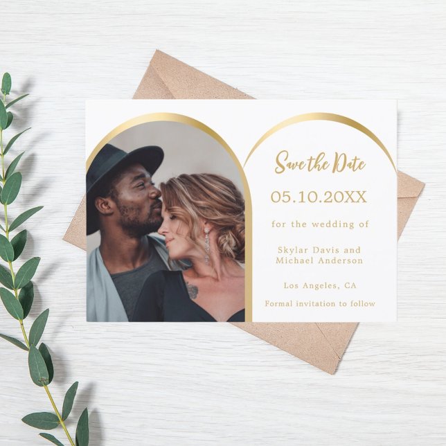 Save The Date Mariage d'arche photo moderne en or blanc (Créateur téléchargé)