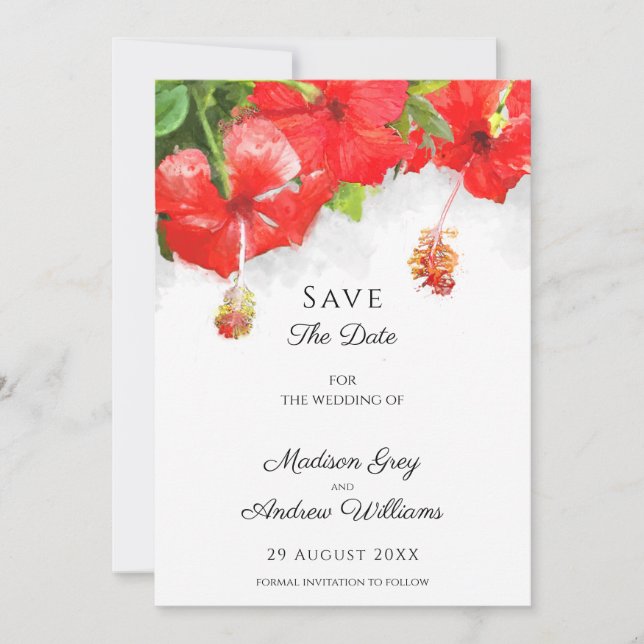 Save The Date Mariage d'art de fleur d'hibiscus rouge exotique (Devant)