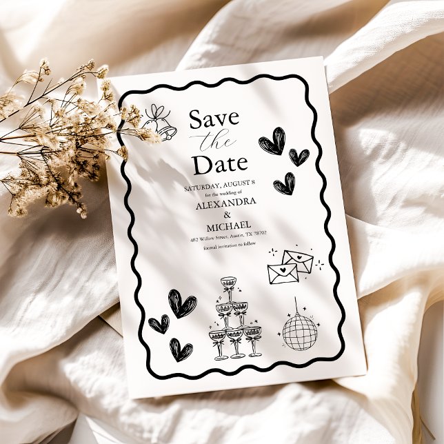 Save The Date Mariage d'art gribouillé noir et blanc (Créateur téléchargé)