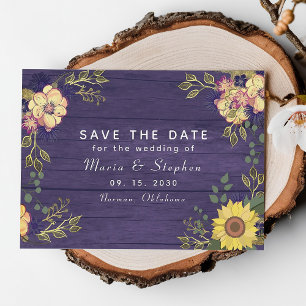 Save The Date Mariage d'automne aux tournesols et fleurs pourpre