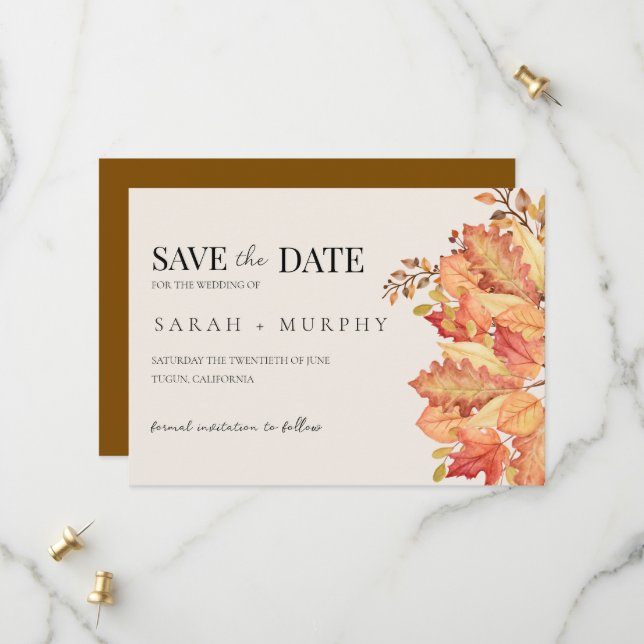 Save The Date Mariage d'automne élégant à l'aquarelle avec feuil (Devant/Arrière en situation)