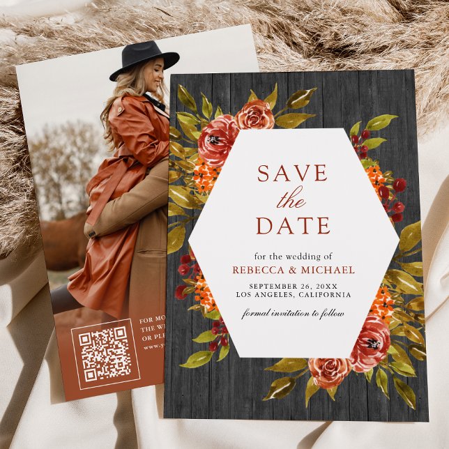 Save The Date Mariage d'automne floral bois gris orange brûlé (Créateur téléchargé)