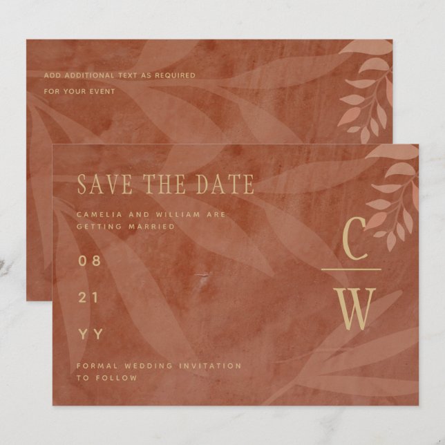Save The Date Mariage d'automne moderne Terracotta Feuilles doré (Devant / Derrière)