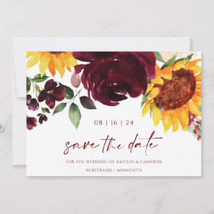 Save The Date Mariage d'automne Tournesols Floral Burgundy Rouge