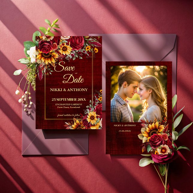 Save The Date Mariage de automne bordeaux rose photo de tourneso (Sunflowers burgundy roses fall wedding photo template save the date card)