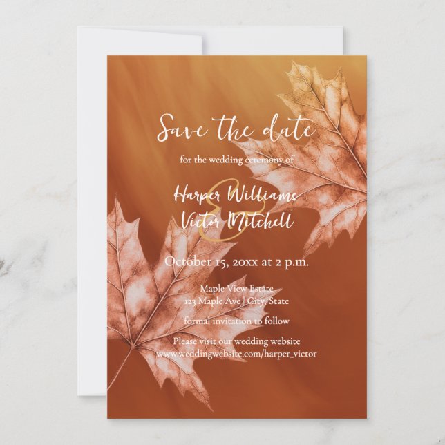 Save The Date mariage de automne feuille d'érable orange brûlé (Devant)