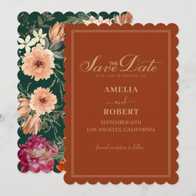 Save The Date Mariage de automne floral orange brûlé en terre cu (Devant / Derrière)