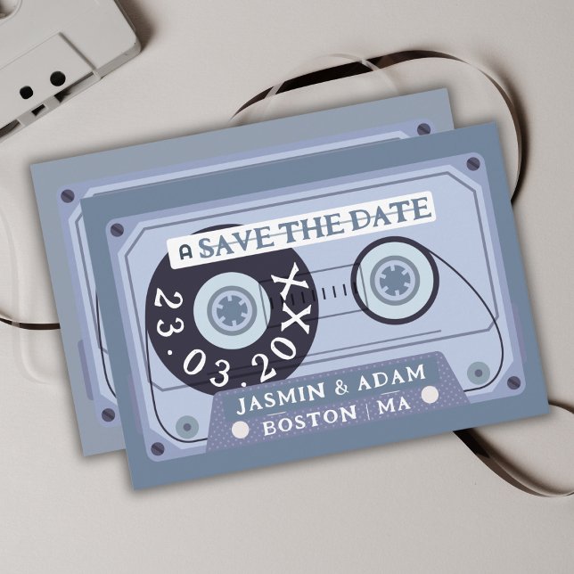 Save The Date Mariage de bande de cassette bleu rétro Dusty (Créateur téléchargé)