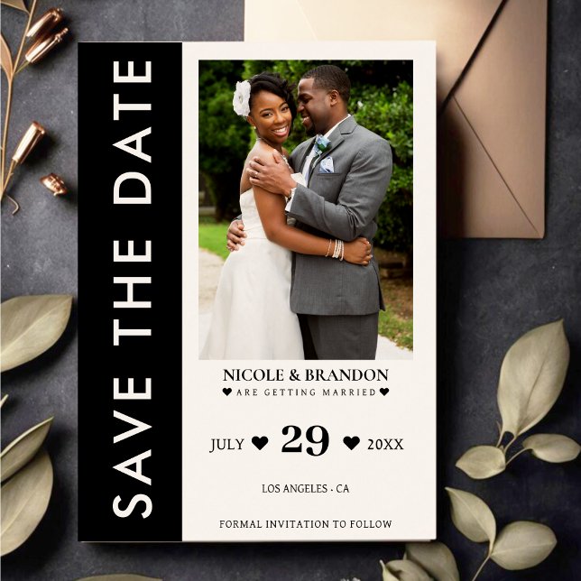 Save The Date Mariage de bande latérale noir et blanc (Black & White Side Stripe Photo Wedding Announcement)