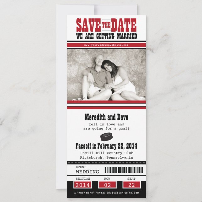 Save The Date Mariage de billets de hockey Enregistrer la date (Devant)