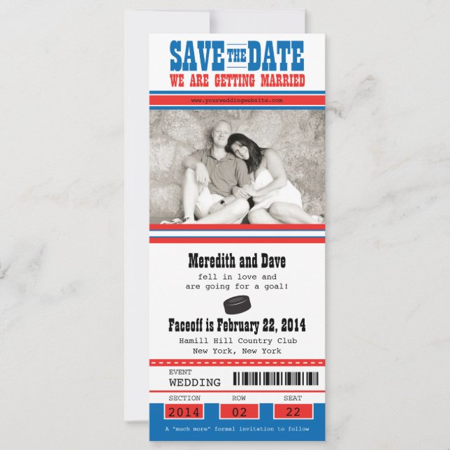 Save The Date Mariage de billets de hockey Enregistrer la date (Devant)