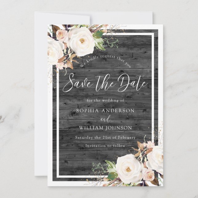 Save The Date Mariage de bois de charbon rustique blanc et blanc (Devant)