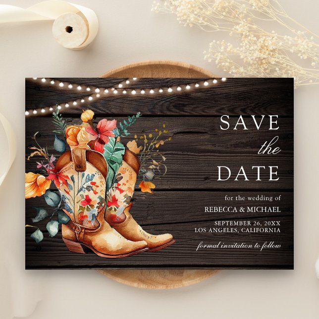 Save The Date Mariage de bois de pousses florales de cowgirl occ (Créateur téléchargé)