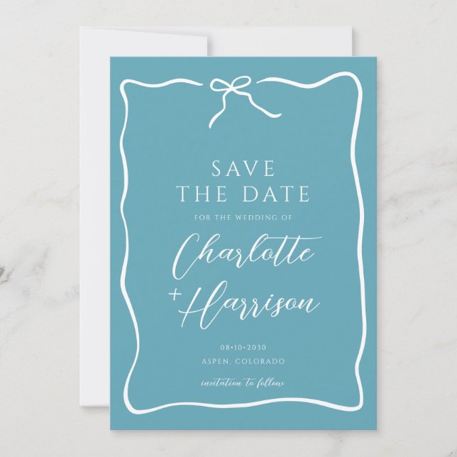 Save The Date Mariage de bordure de script Whimsical bleu (Devant)