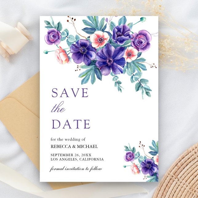 Save The Date Mariage de bouquet d'anémones violettes rustiques (Créateur téléchargé)